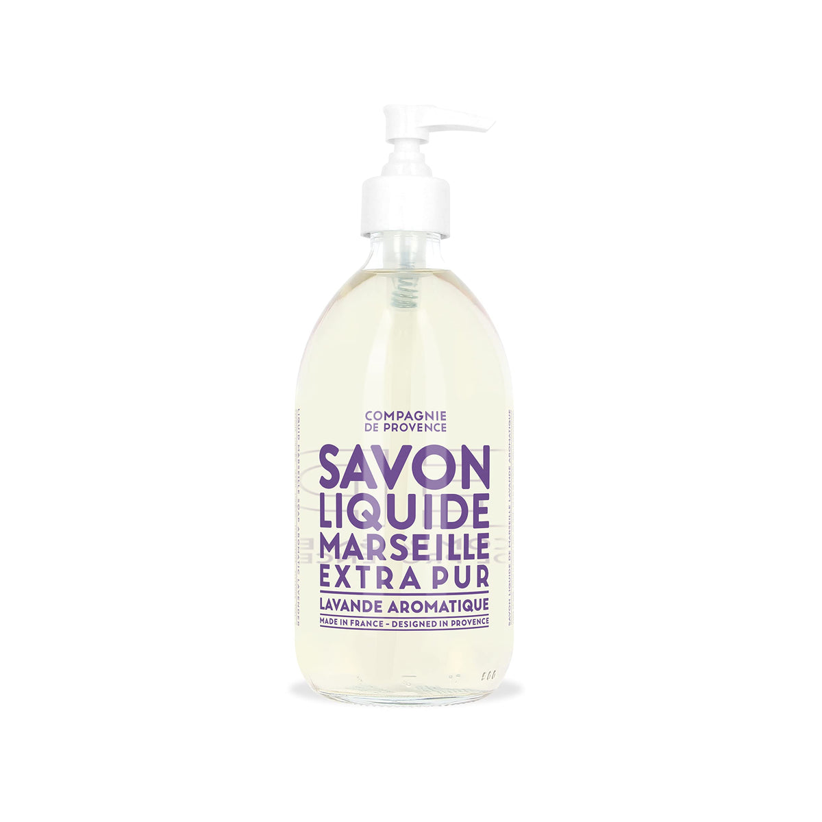 La Compagnie de Provence front view glass pump bottle showing elegant lavender label and packaging benefit
