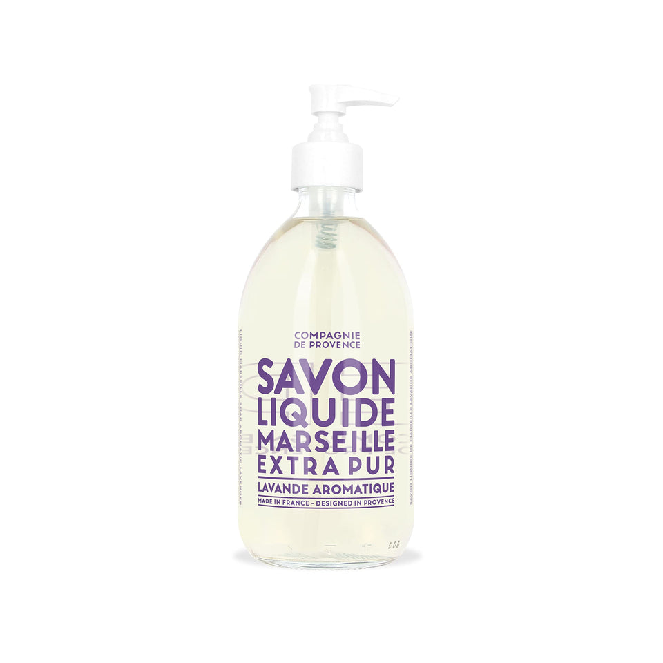 La Compagnie de Provence front view glass pump bottle showing elegant lavender label and packaging benefit