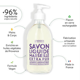 La Compagnie de Provence label close-up highlighting authentic Savon de Marseille origin and ingredient clarity