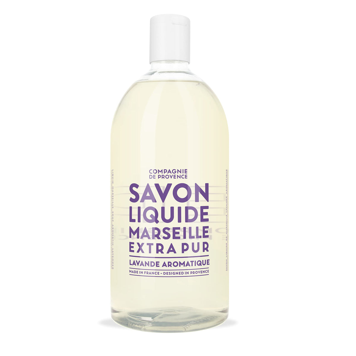 La Compagnie de Provence front label on 33.8 fl oz refill bottle, clear branding and size benefit