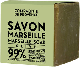 La Compagnie de Provence front view of 400g olive soap cube showing label and shape, sustainable benefit