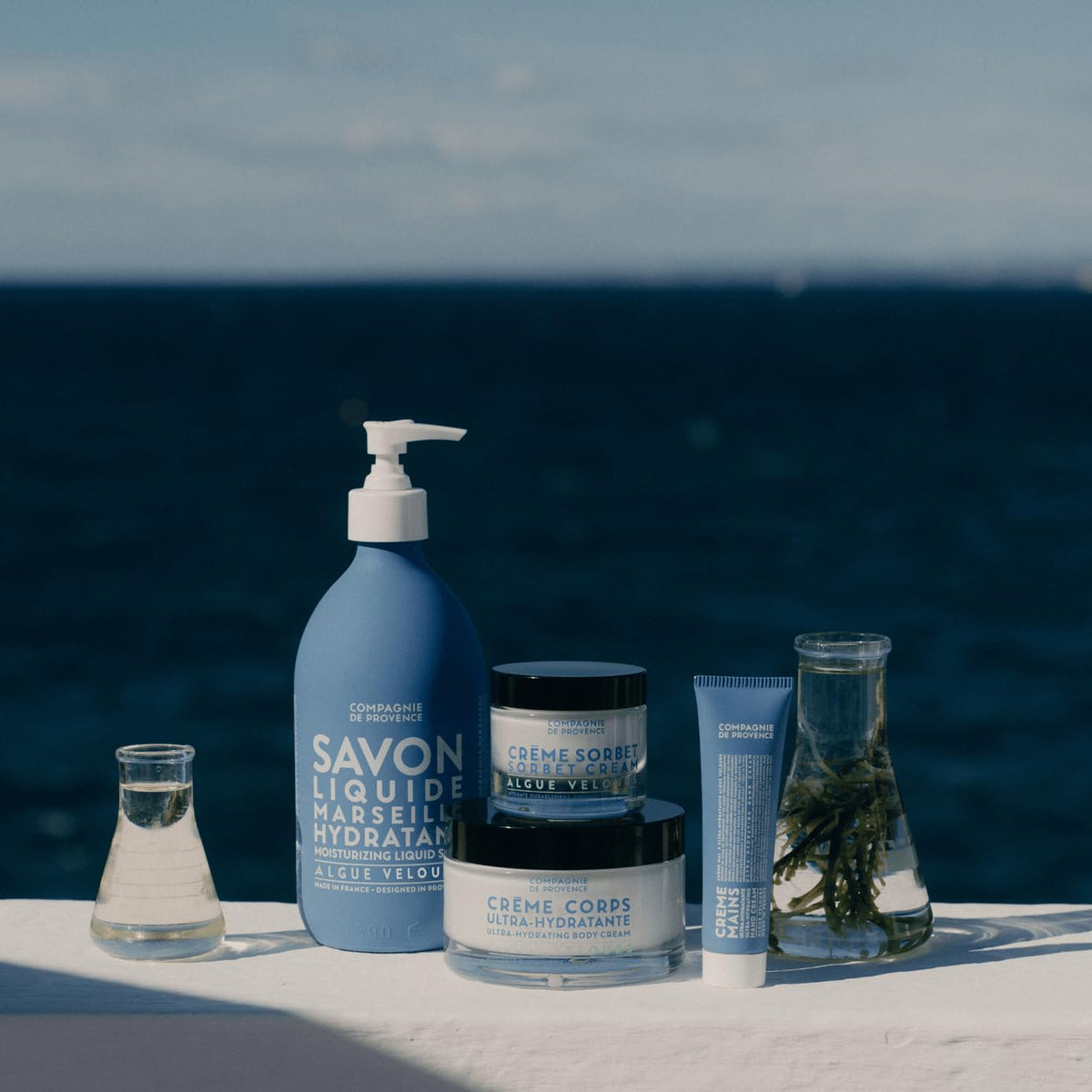 Lifestyle shot of La Compagnie de Provence bottle on bathroom counter adding refined style