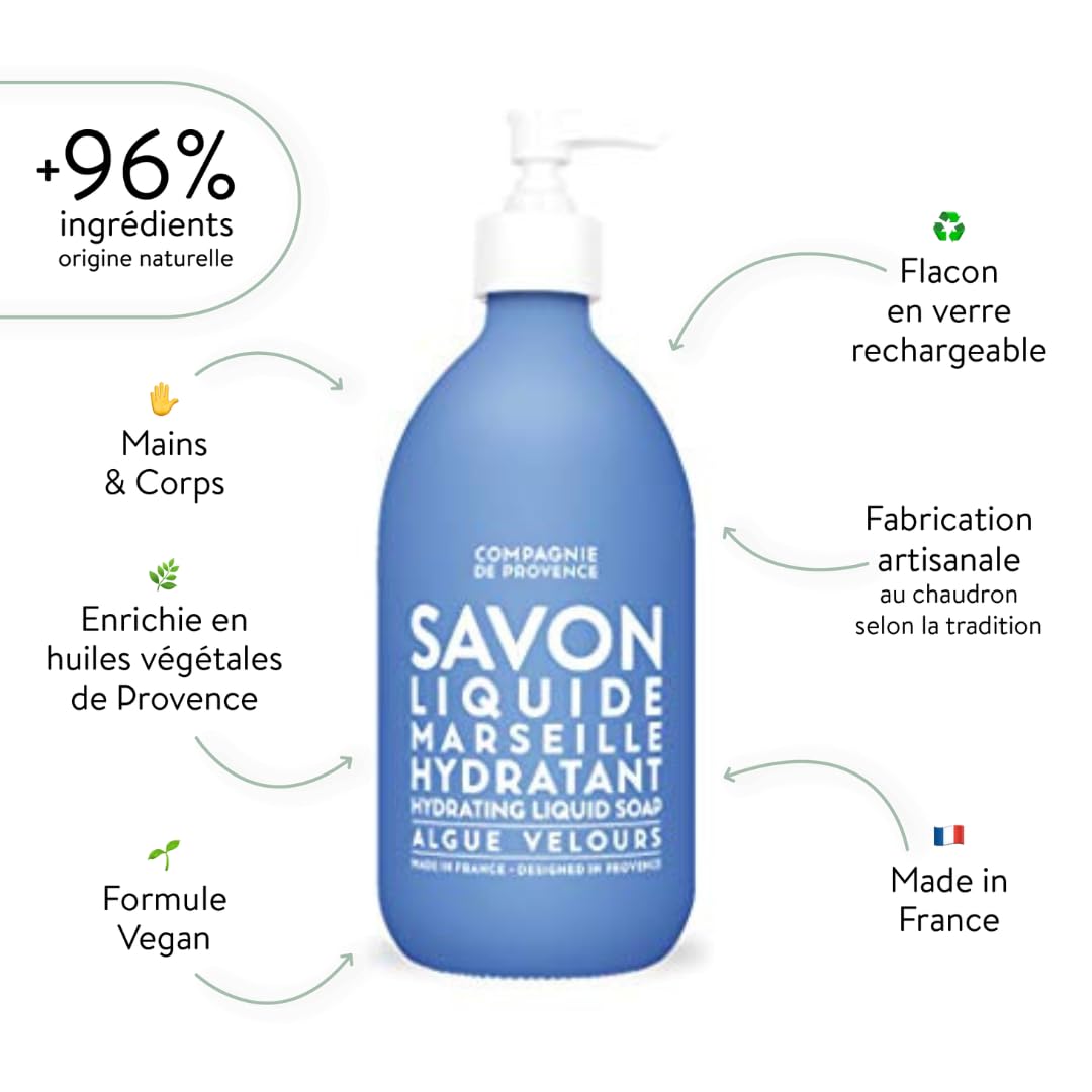 Close-up of La Compagnie de Provence glass bottle texture highlighting refillable design