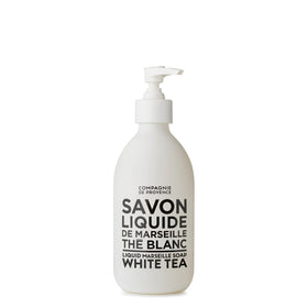 La Compagnie de Provence front glass bottle showing white tea label and elegant pump, enhances countertop style