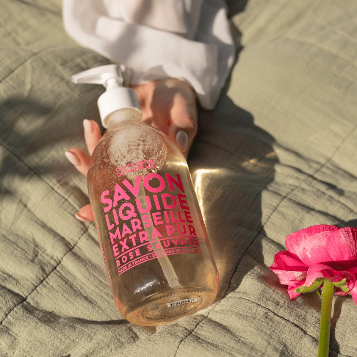 La Compagnie de Provence label close-up highlighting wild rose fragrance and origin