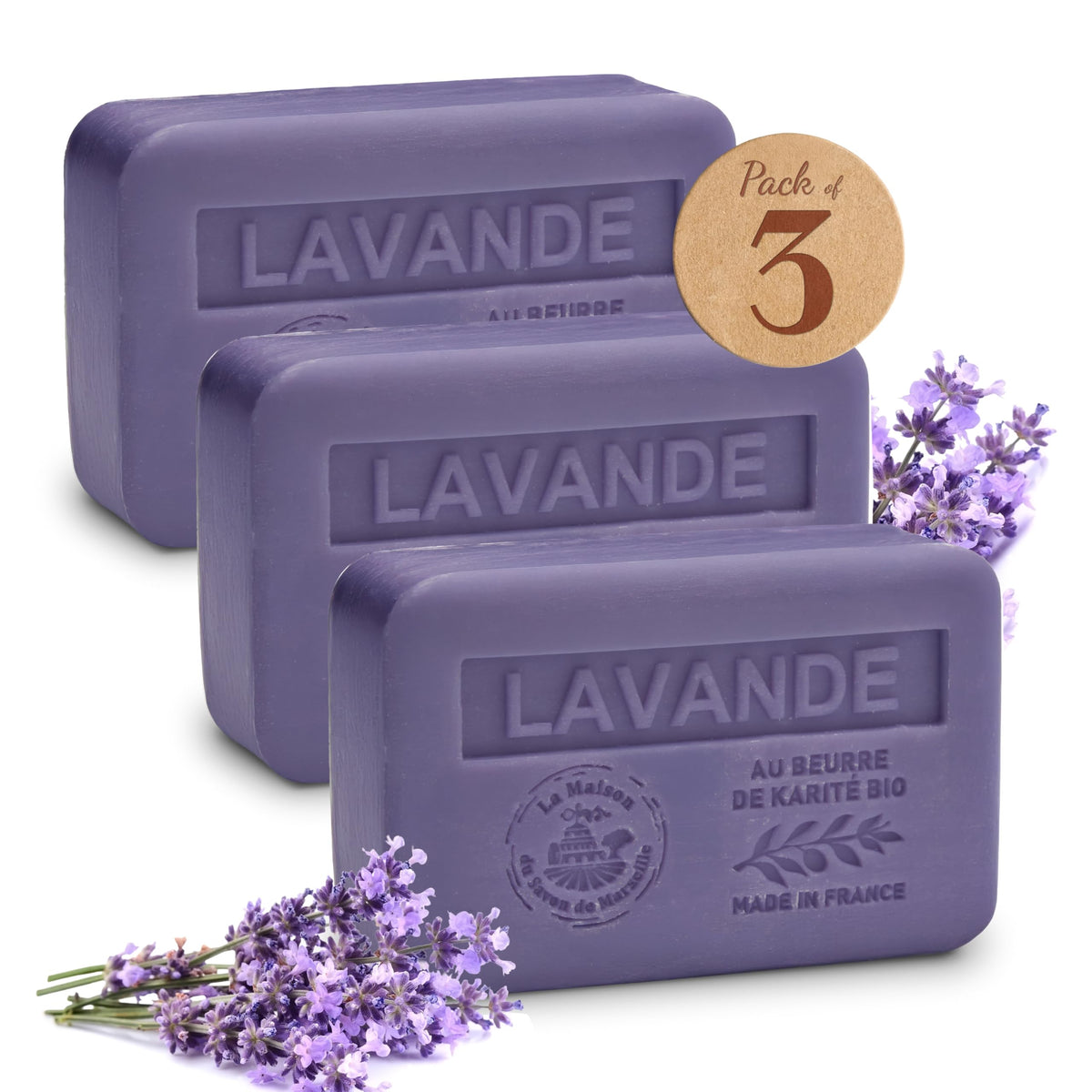 la maison du savon de marseille front packaging showing three lavender bars and eco benefit