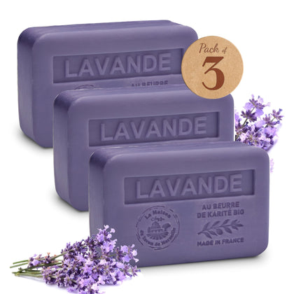 la maison du savon de marseille front packaging showing three lavender bars and eco benefit