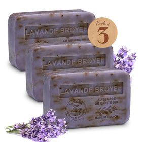 La Maison du Savon front packaging showing three lavender bars for generous supply