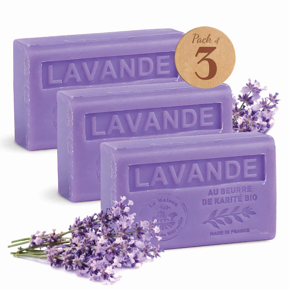 La Maison du Savon front packaging showing three lavender soap bars and elegant branding benefit: gift-ready presentation
