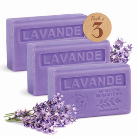 La Maison du Savon front packaging showing three lavender soap bars and elegant branding benefit: gift-ready presentation