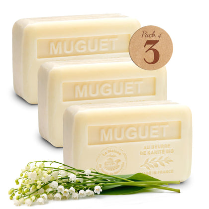 La Maison du Savon front packaging showing floral design and three-pack benefit