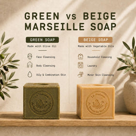 La Maison du Savon de Marseille soap on bathroom tray in lifestyle scene, suggests daily use