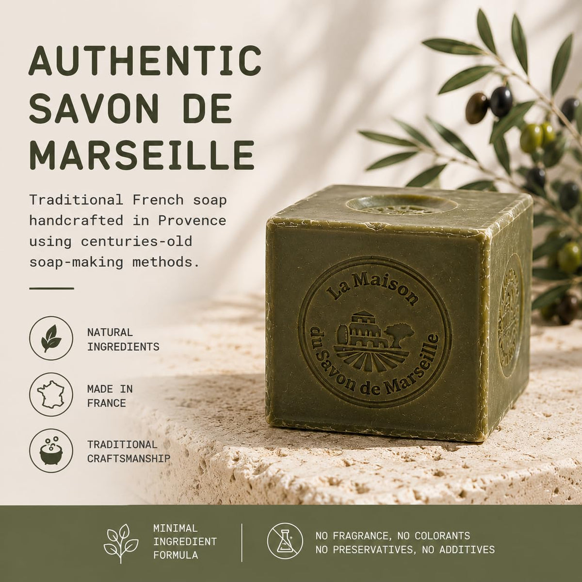 La Maison du Savon de Marseille close-up texture of olive oil soap, shows natural purity