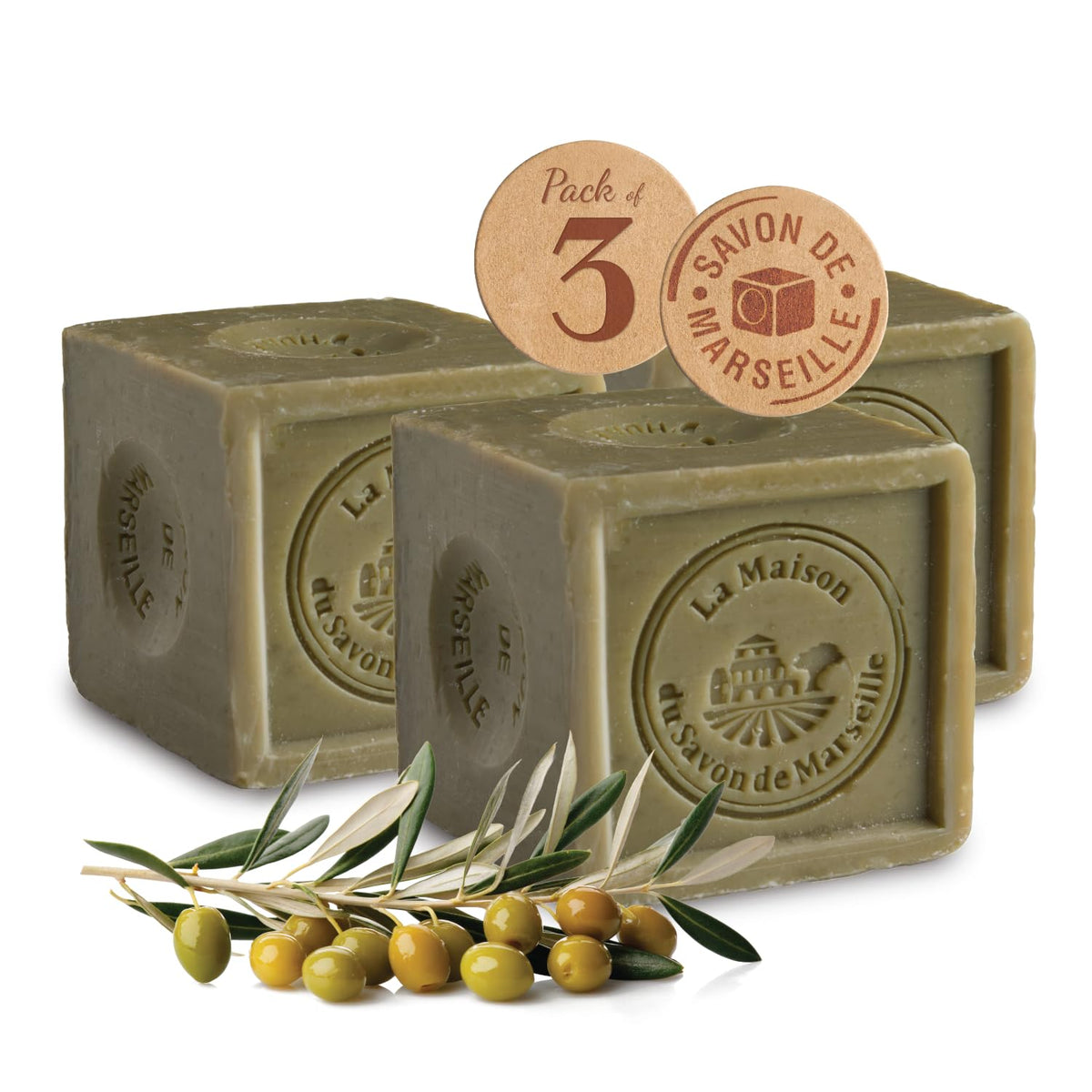 La Maison du Savon de Marseille front packaging showing three olive oil bars, clear value
