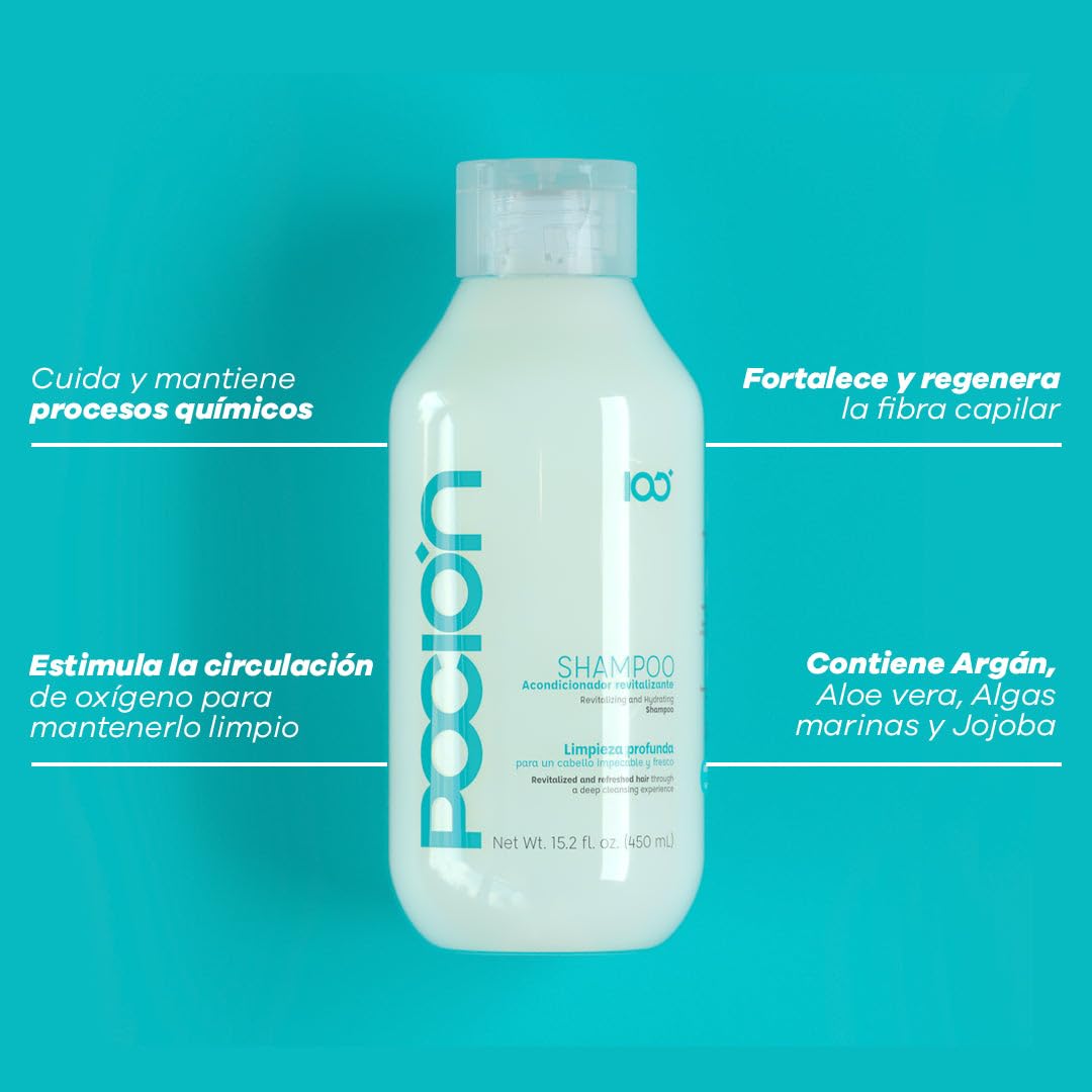 La Pocion shampoo in bathroom routine demonstrating refreshing cleanse benefit