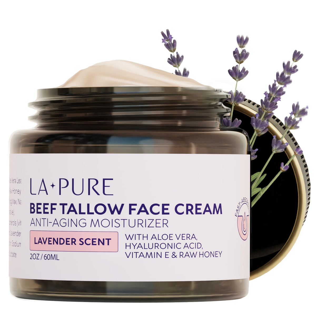 LA PURE front jar view showing compact 2oz moisturizer and calming label benefit