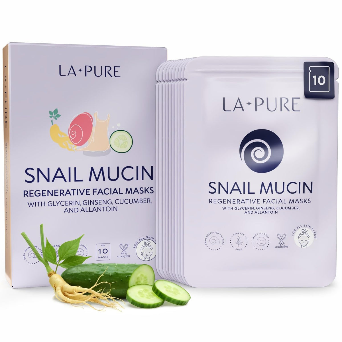 LA PURE front packaging showing 10-count snail mucin masks for hydration