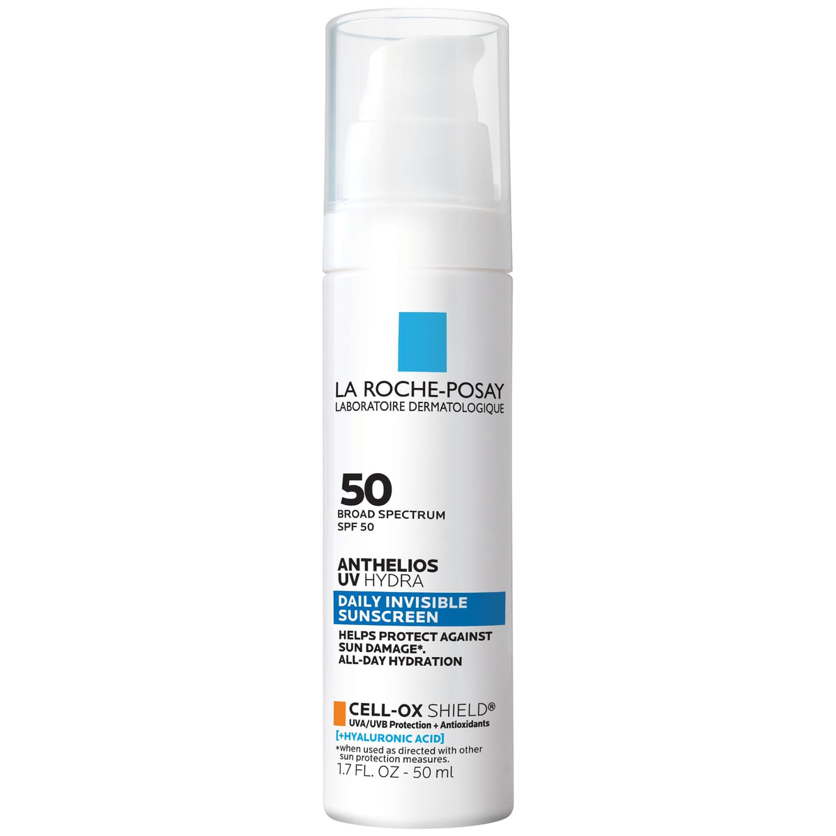 La Roche-Posay front packaging showing SPF 50 and travel-friendly tube benefit
