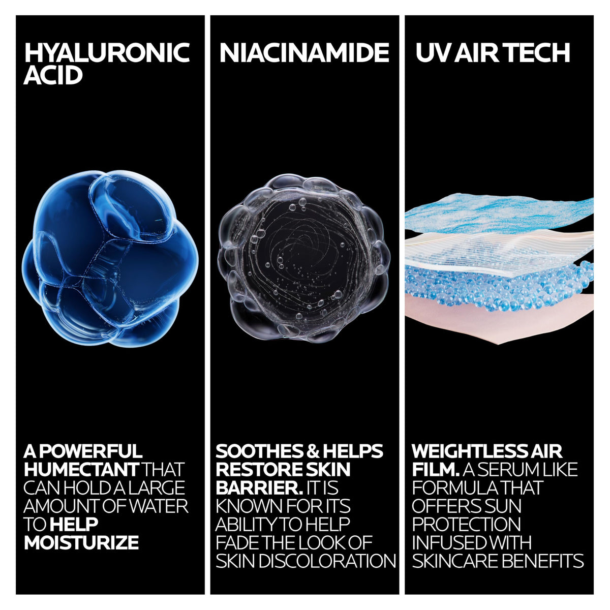 La Roche-Posay label close-up highlighting niacinamide and hyaluronic acid benefits
