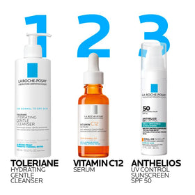 La Roche-Posay bottle beside azelaic acid graphic, highlighting calming benefit