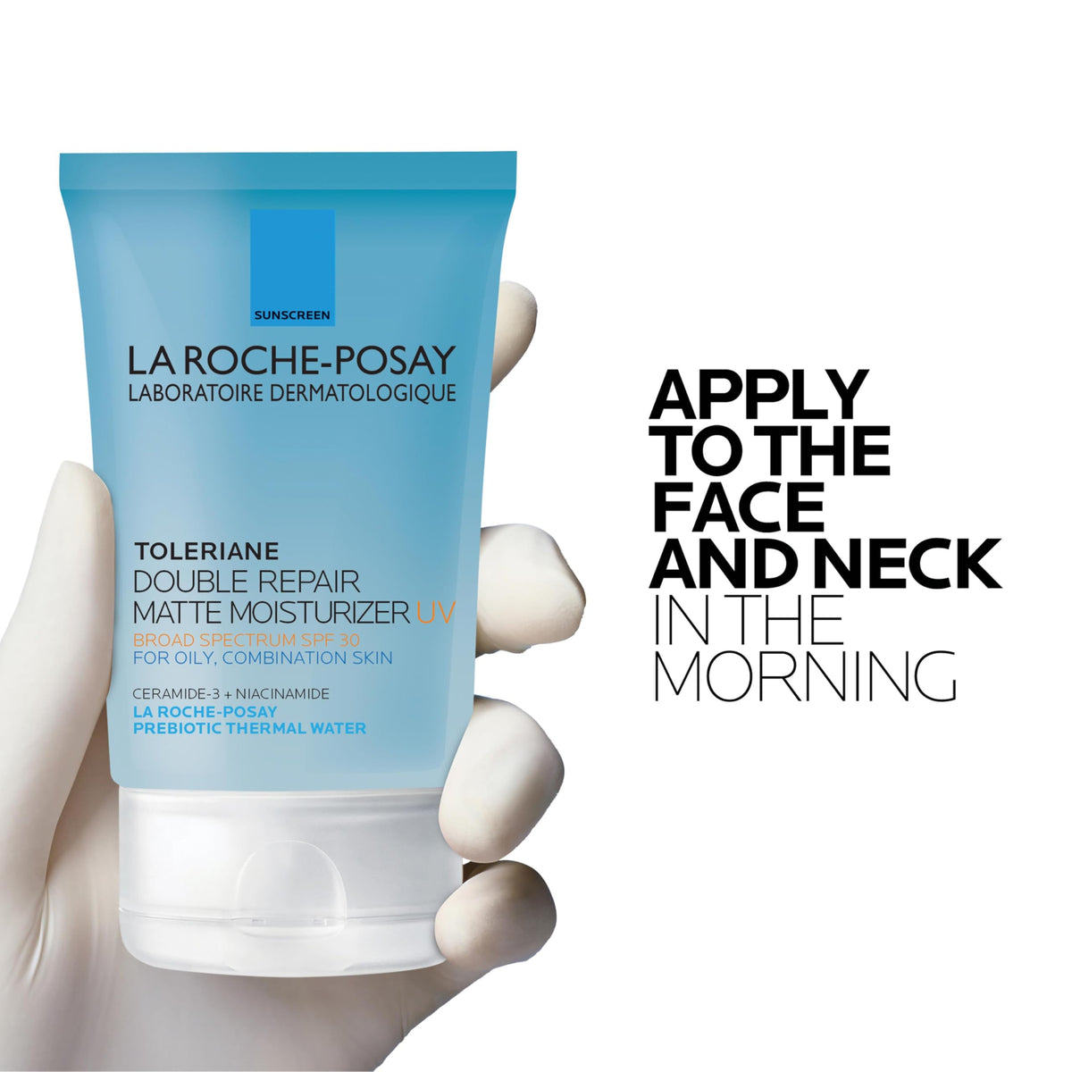 La Roche-Posay bottle staged in bathroom routine illustrating daily layering