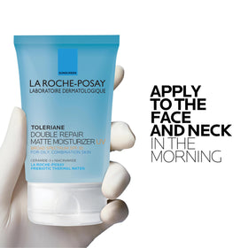 La Roche-Posay bottle staged in bathroom routine illustrating daily layering