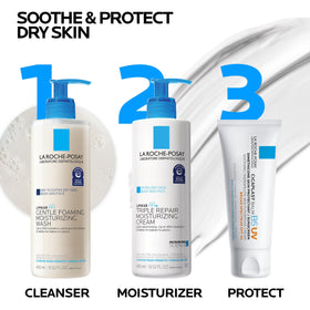 La Roche-Posay tube in hand showing product size and travel-friendly benefit