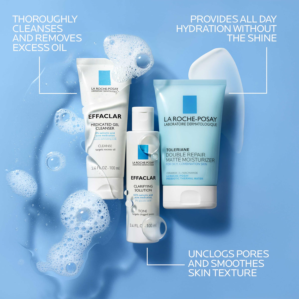 La Roche-Posay clarifying solution tube closeup highlighting exfoliating formula