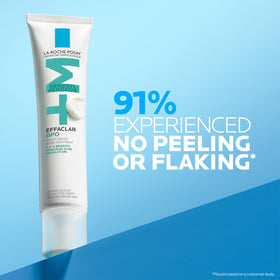 La Roche-Posay close-up of tube label highlighting 5.5% benzoyl peroxide strength and benefits