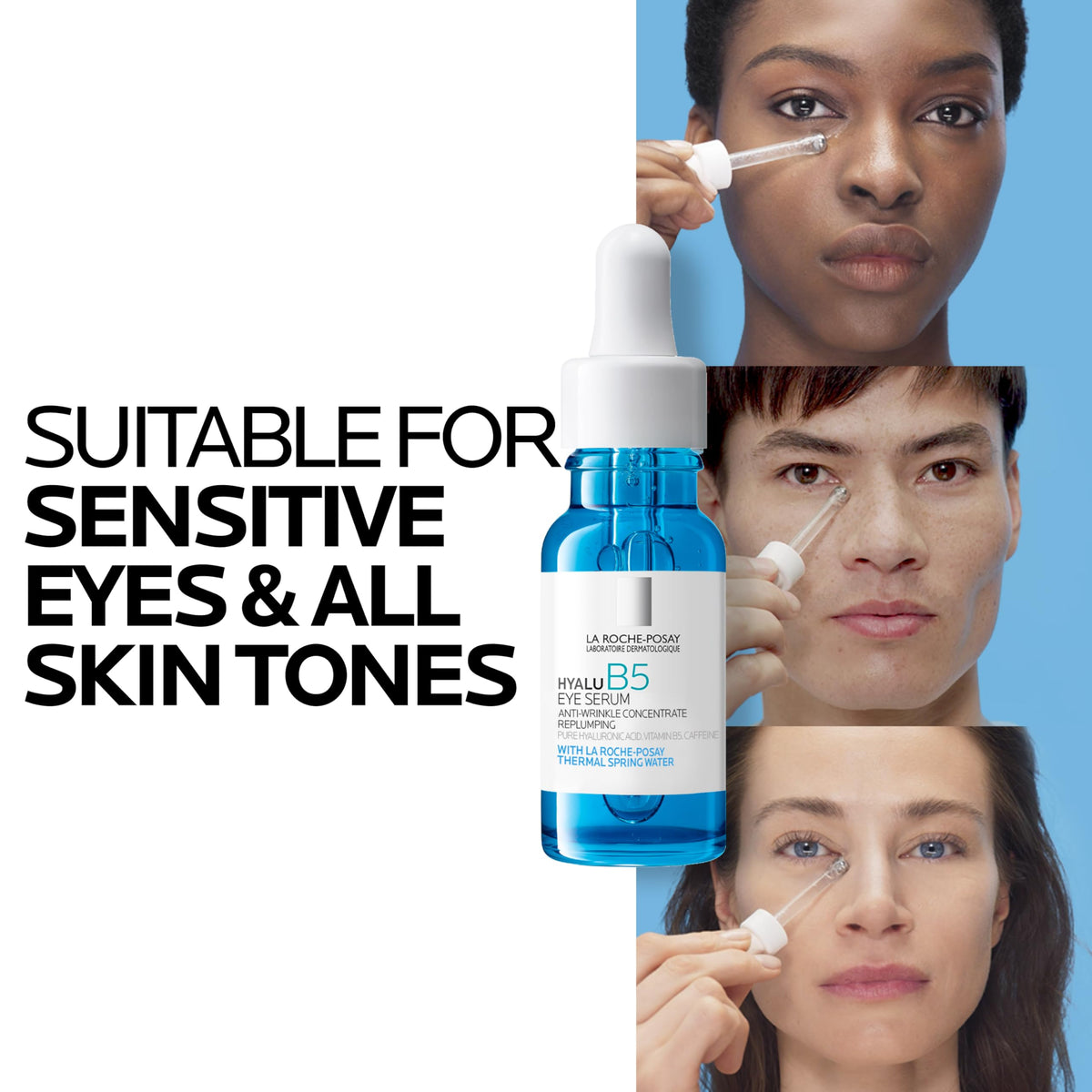 La Roche-Posay ingredient label highlighting hyaluronic acid and caffeine benefits