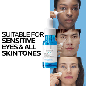 La Roche-Posay ingredient label highlighting hyaluronic acid and caffeine benefits