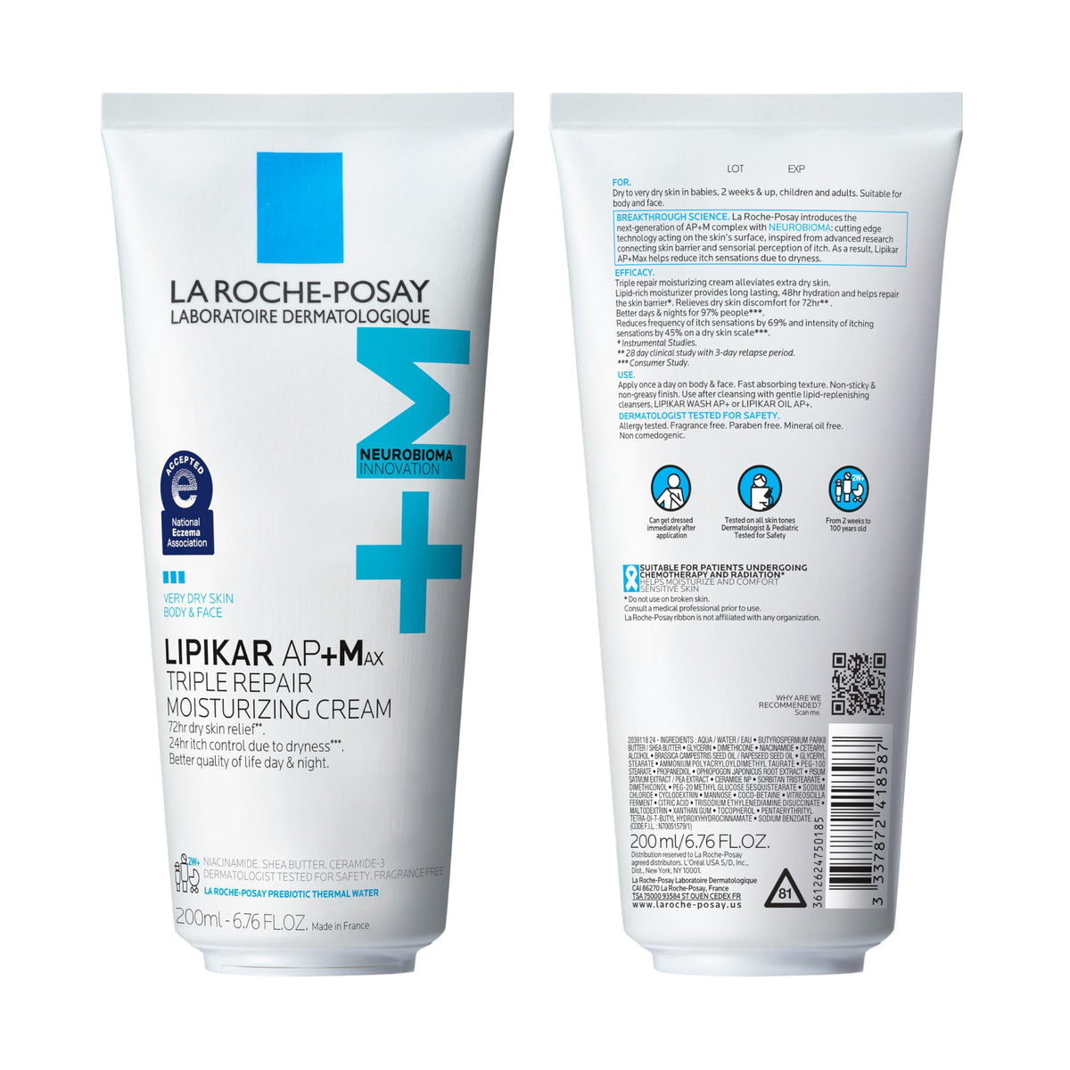 La Roche-Posay 200ml jar next to a hand for size and quantity comparison benefit