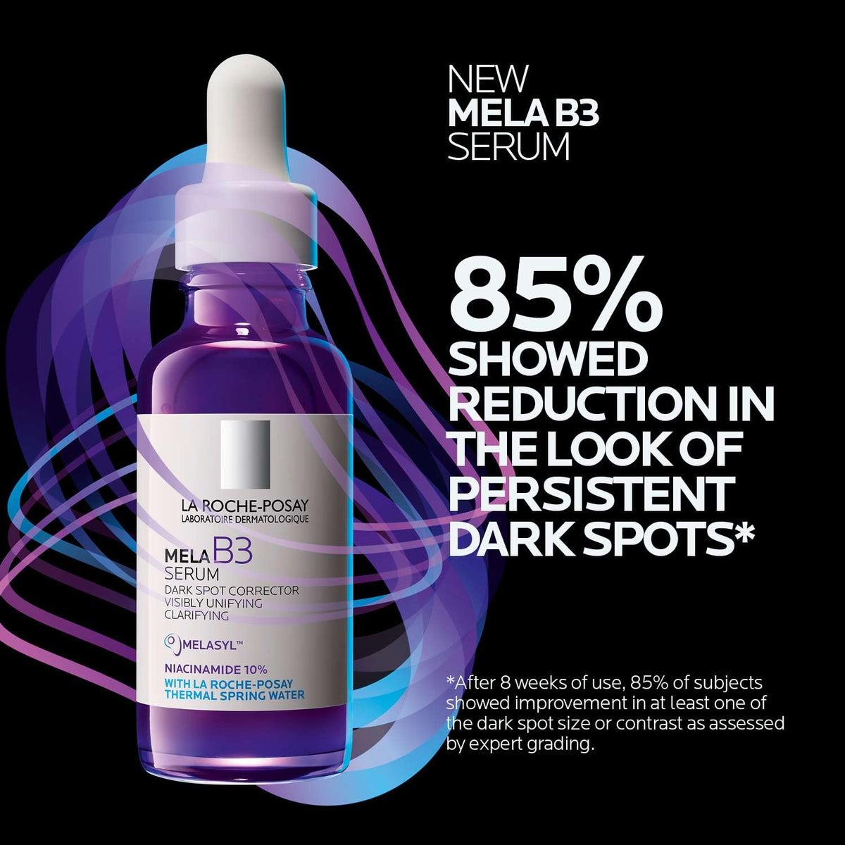La Roche-Posay close-up label highlighting Melasyl and 10% niacinamide ingredient benefits