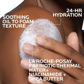 La Roche-Posay oil-to-foam texture on hand highlighting gentle cleansing and hydration