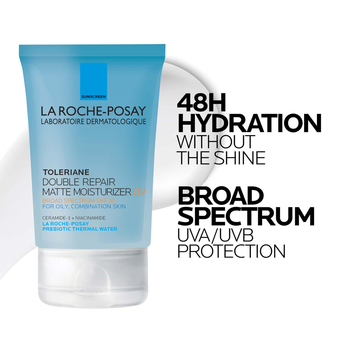 La Roche-Posay on-skin before and after showing reduced shine and smoother look