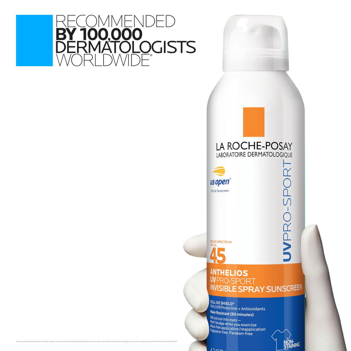 La Roche-Posay spray used by runner on beach emphasizing outdoor protection