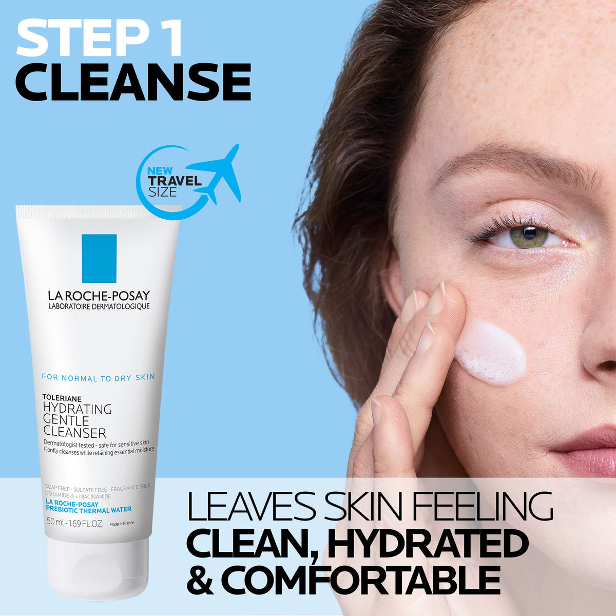 La Roche-Posay gentle cleanser pump close-up demonstrating easy dispensing