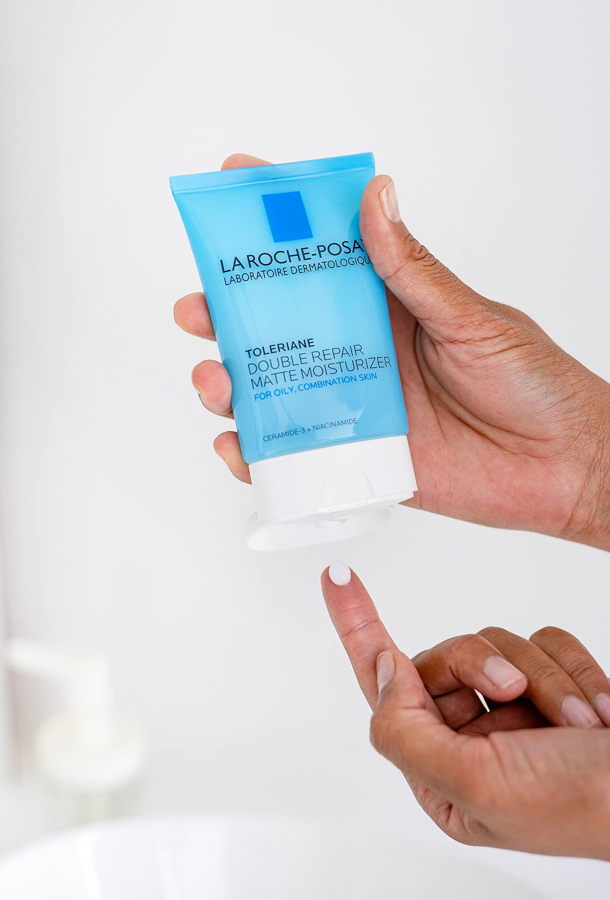 La Roche-Posay product staged on bathroom sink lifestyle shot showing daily routine fit