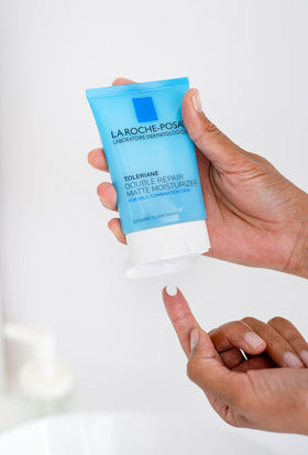 La Roche-Posay product staged on bathroom sink lifestyle shot showing daily routine fit