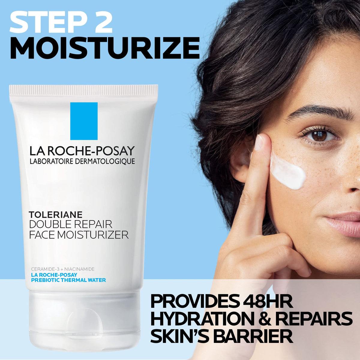 La Roche-Posay moisturizer texture on fingertip showing lightweight absorption