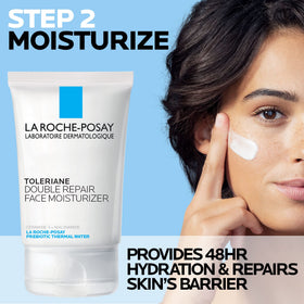 La Roche-Posay moisturizer texture on fingertip showing lightweight absorption