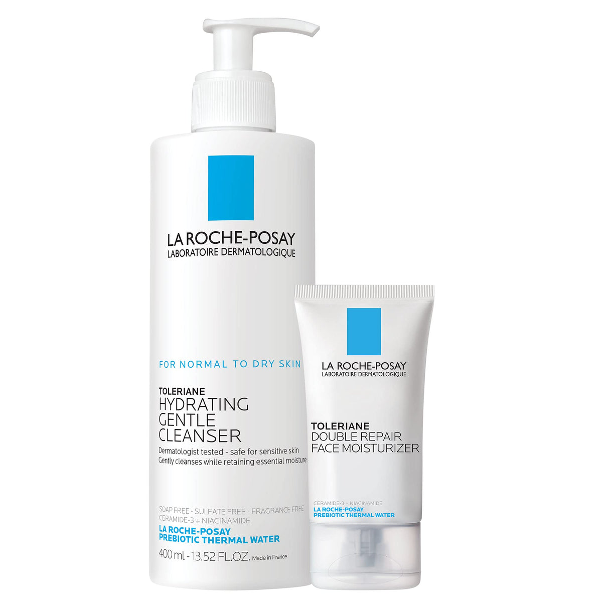 La Roche-Posay front packaging showing both cleanser and moisturizer for travel convenience