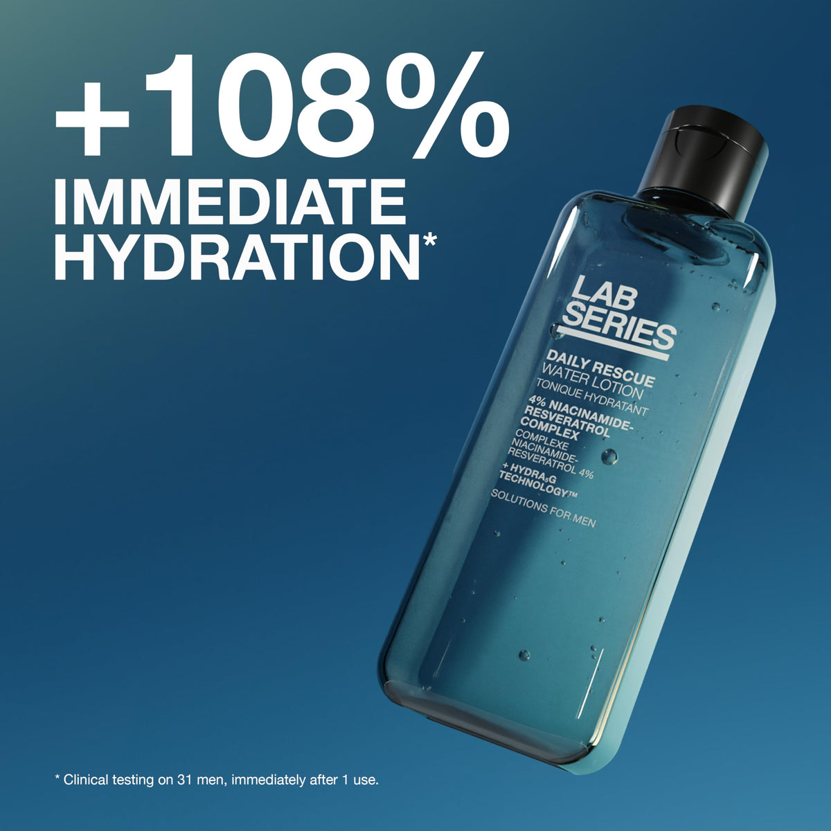 Lab Series close-up of lotion texture pouring, highlights quick-absorbing hydration