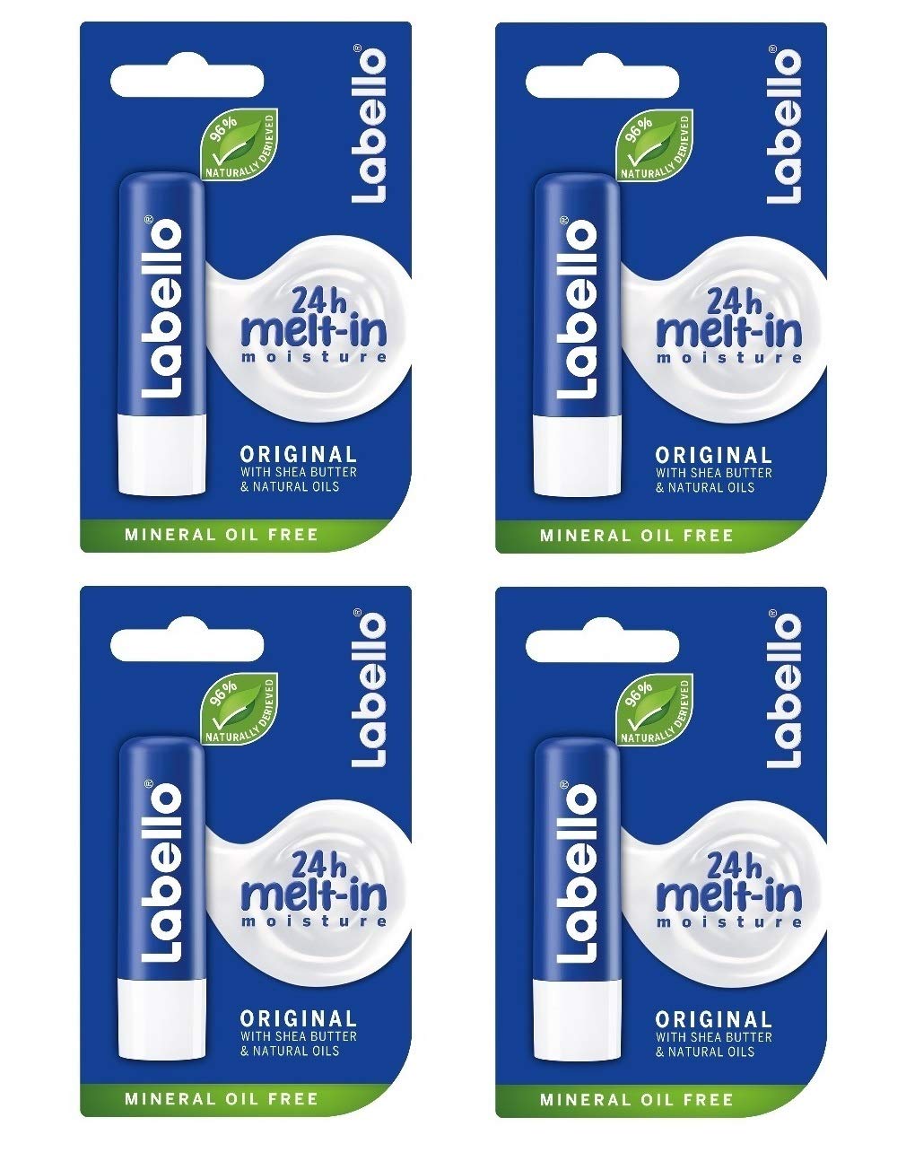 Labello Classic Care front packaging showing pack of four for convenient hydration
