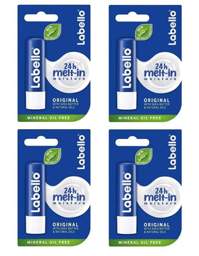 Labello Classic Care front packaging showing pack of four for convenient hydration