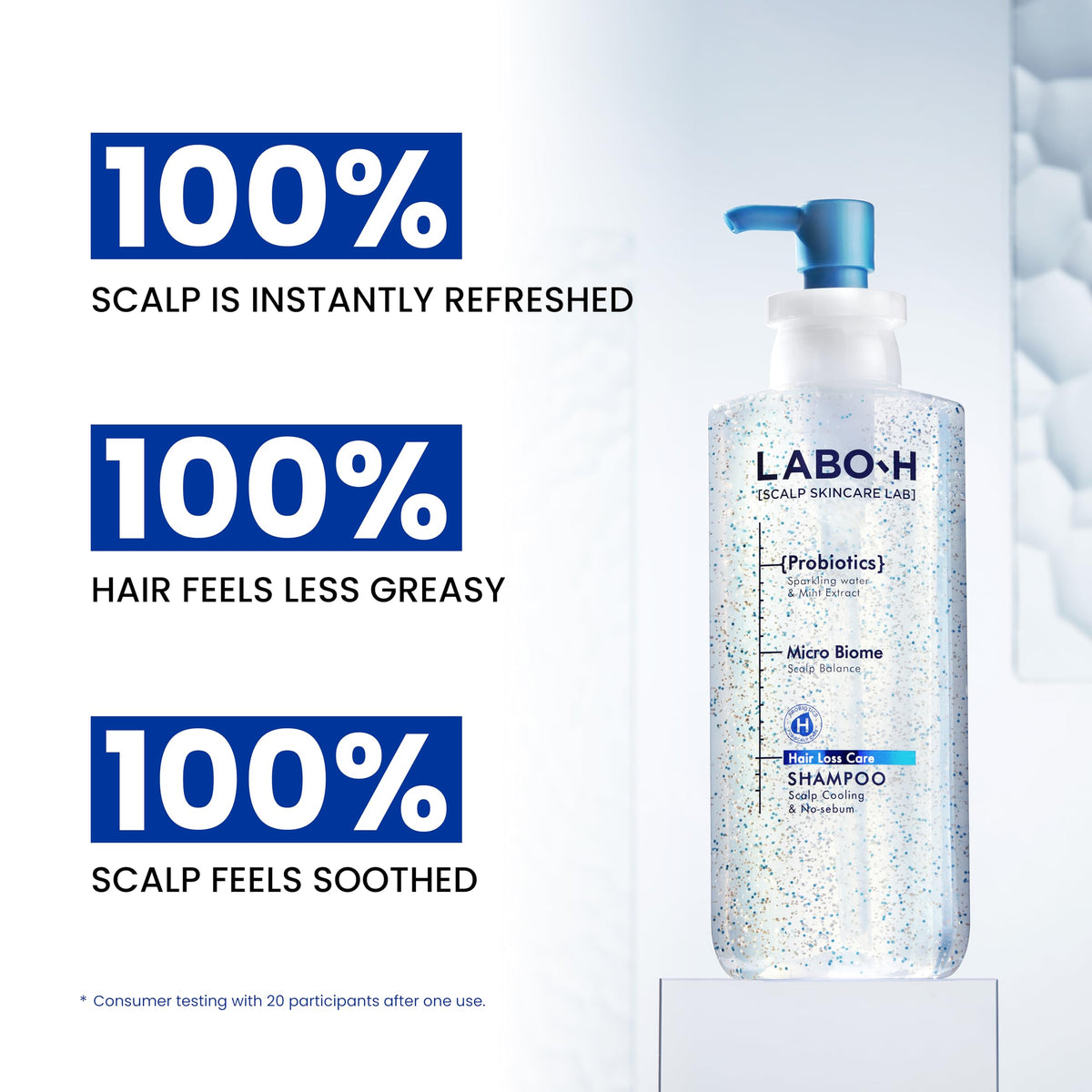 LABO-H label detail highlighting rosemary, caffeine and Scalp Barrier 218 benefit