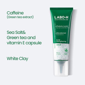 LABO-H pouring scrub into hand illustrating easy pump dispense and usable consistency