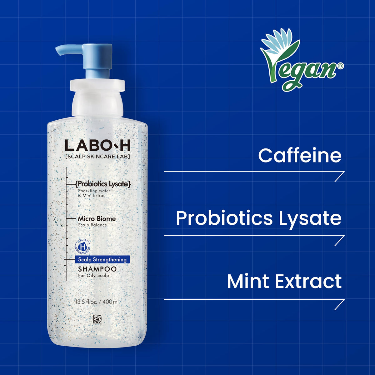 LABO-H pump close-up displaying shampoo texture and easy dispensing benefit