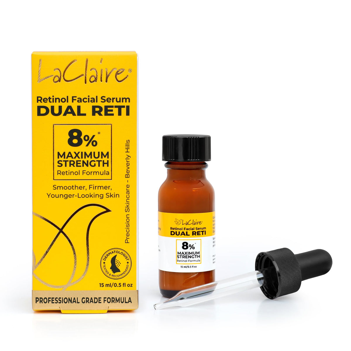 LaClaire front packaging showing 15ml bottle and updated design benefits clarity