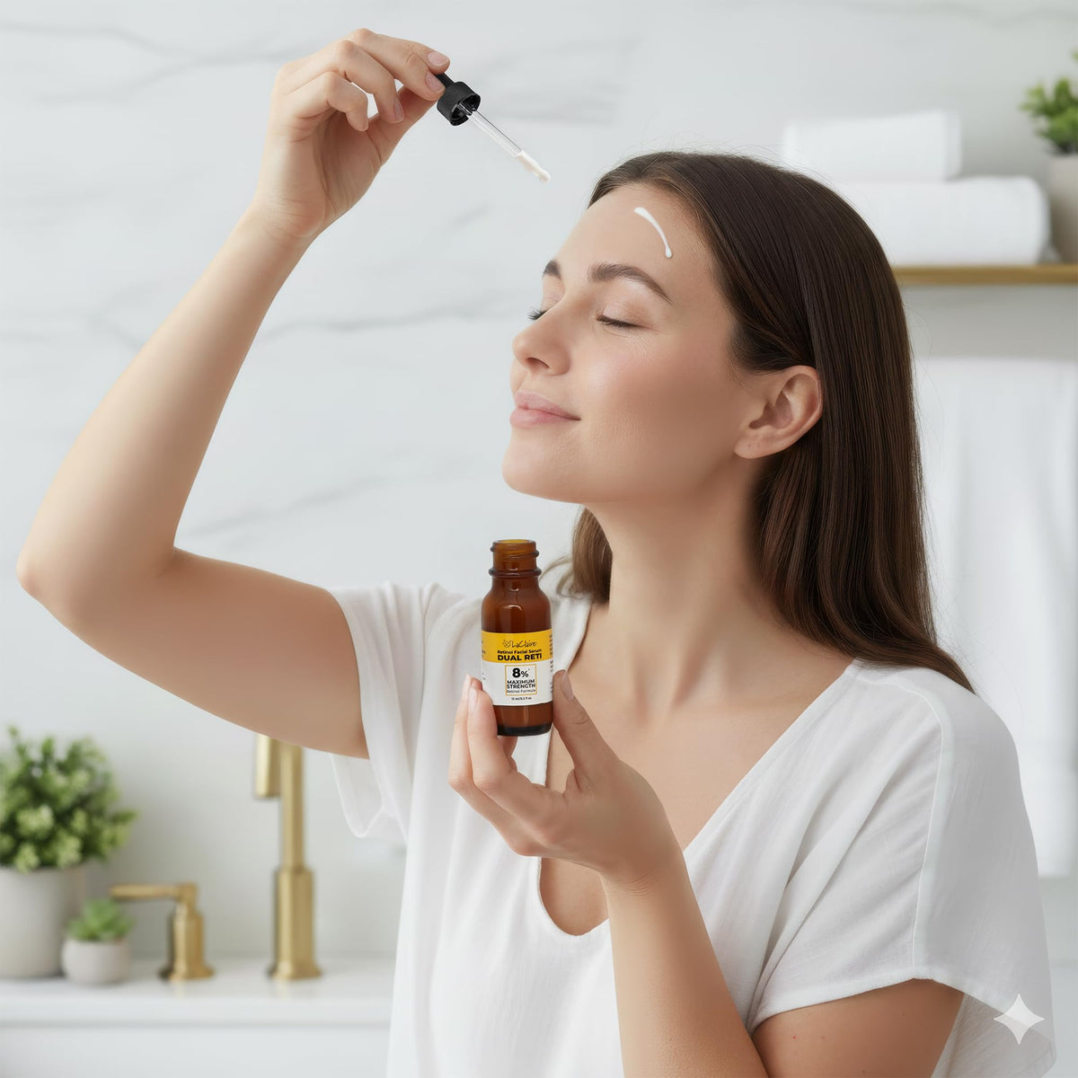 LaClaire bottle on bathroom counter in routine setting promoting daily skincare benefits